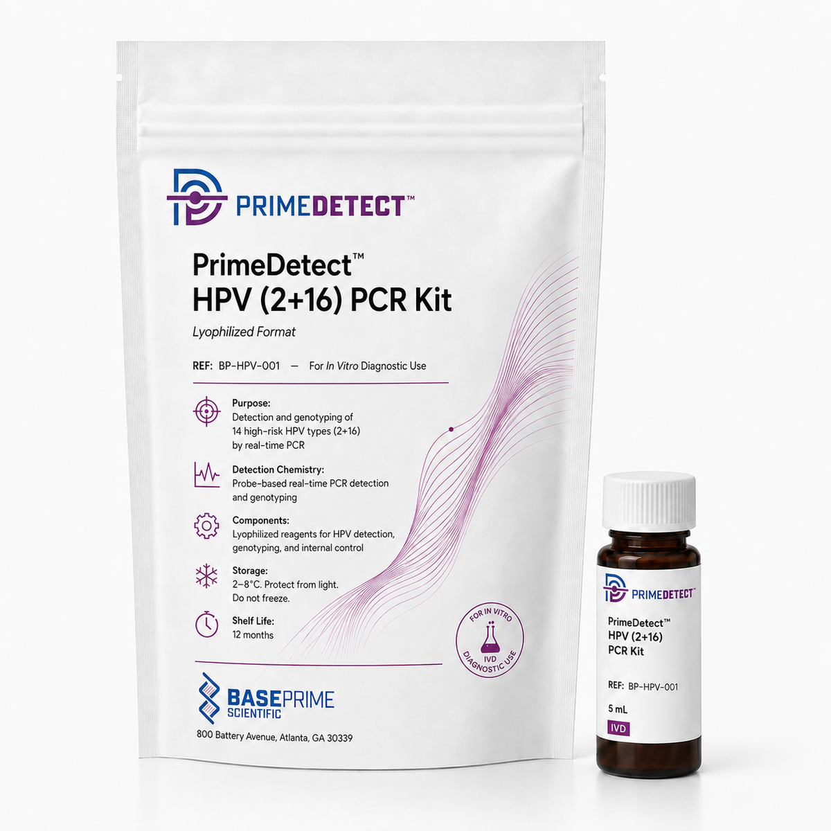 PrimeDetect™ HPV (2+16) PCR Kit — PrimeDetect™ lyophilized PCR kit packaging