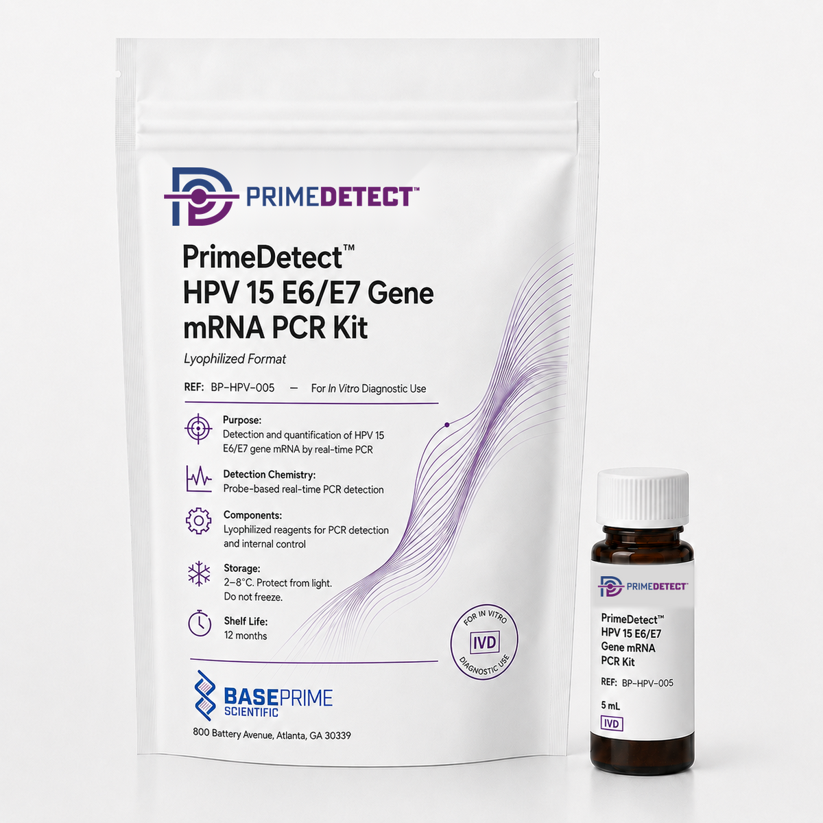 PrimeDetect™ HPV 15 E6/E7 Gene mRNA PCR Kit — PrimeDetect™ lyophilized PCR kit packaging
