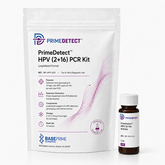 PrimeDetect™ HPV (2+16) PCR Kit — PrimeDetect™ lyophilized PCR kit packaging