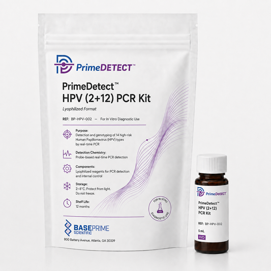 PrimeDetect™ HPV (2+12) PCR Kit — PrimeDetect™ lyophilized PCR kit packaging