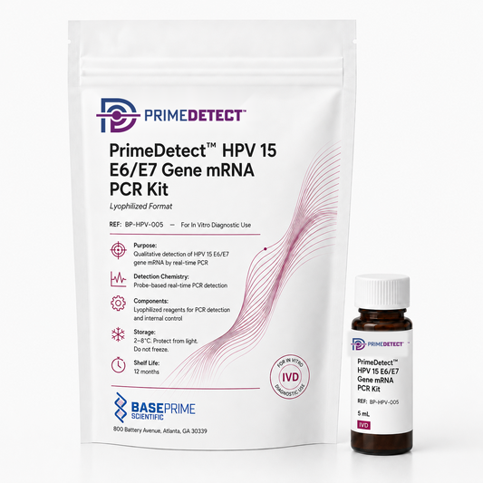 PrimeDetect™ HPV 15 Genotyping PCR Kit — PrimeDetect™ lyophilized PCR kit packaging
