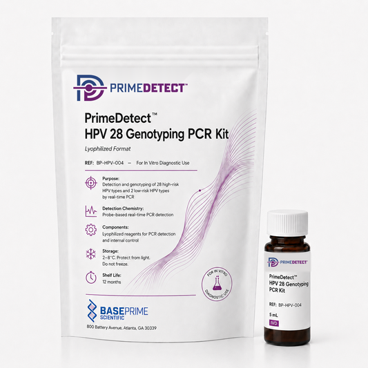 PrimeDetect™ HPV 28 Genotyping PCR Kit — PrimeDetect™ lyophilized PCR kit packaging