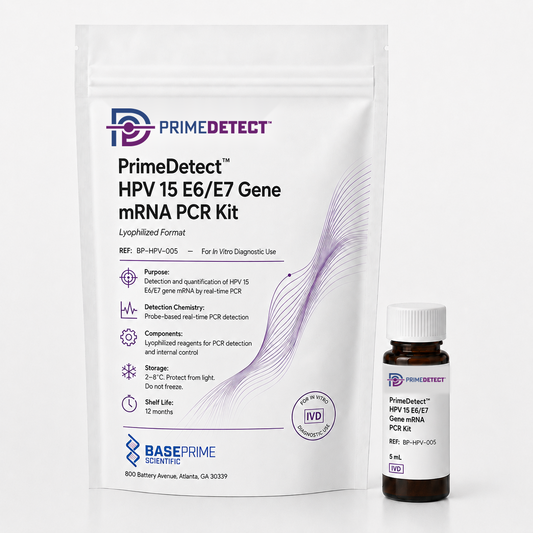 PrimeDetect™ HPV 15 E6/E7 Gene mRNA PCR Kit — PrimeDetect™ lyophilized PCR kit packaging