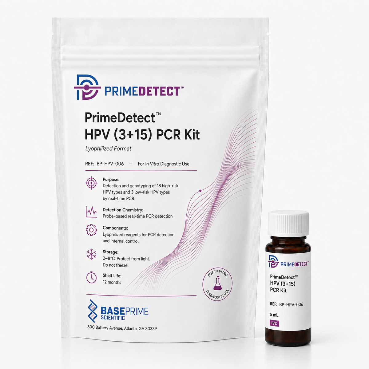 PrimeDetect™ HPV (3+15) PCR Kit — PrimeDetect™ lyophilized PCR kit packaging