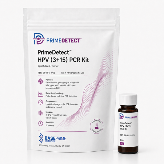 PrimeDetect™ HPV (3+15) PCR Kit — PrimeDetect™ lyophilized PCR kit packaging