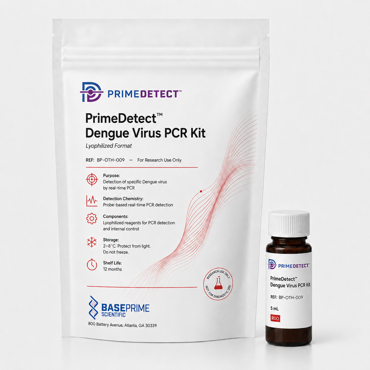 PrimeDetect™ Dengue Virus PCR Kit — PrimeDetect™ lyophilized PCR kit packaging