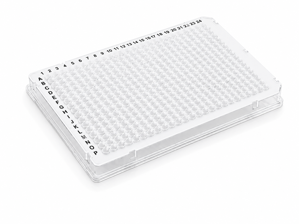 purePRIME™ 384-well, 40 µL full-skirted PCR plate with clear frame, white wells, and dual-notch configuration for high-throughput PCR and qPCR workflows.