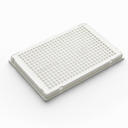 White 384-well, 40 µL full-skirted PCR plate with white frame and single-notch configuration, designed for high-throughput PCR and qPCR workflows.