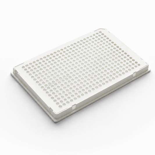 White 384-well, 40 µL full-skirted PCR plate with white frame and single-notch configuration, designed for high-throughput PCR and qPCR workflows.