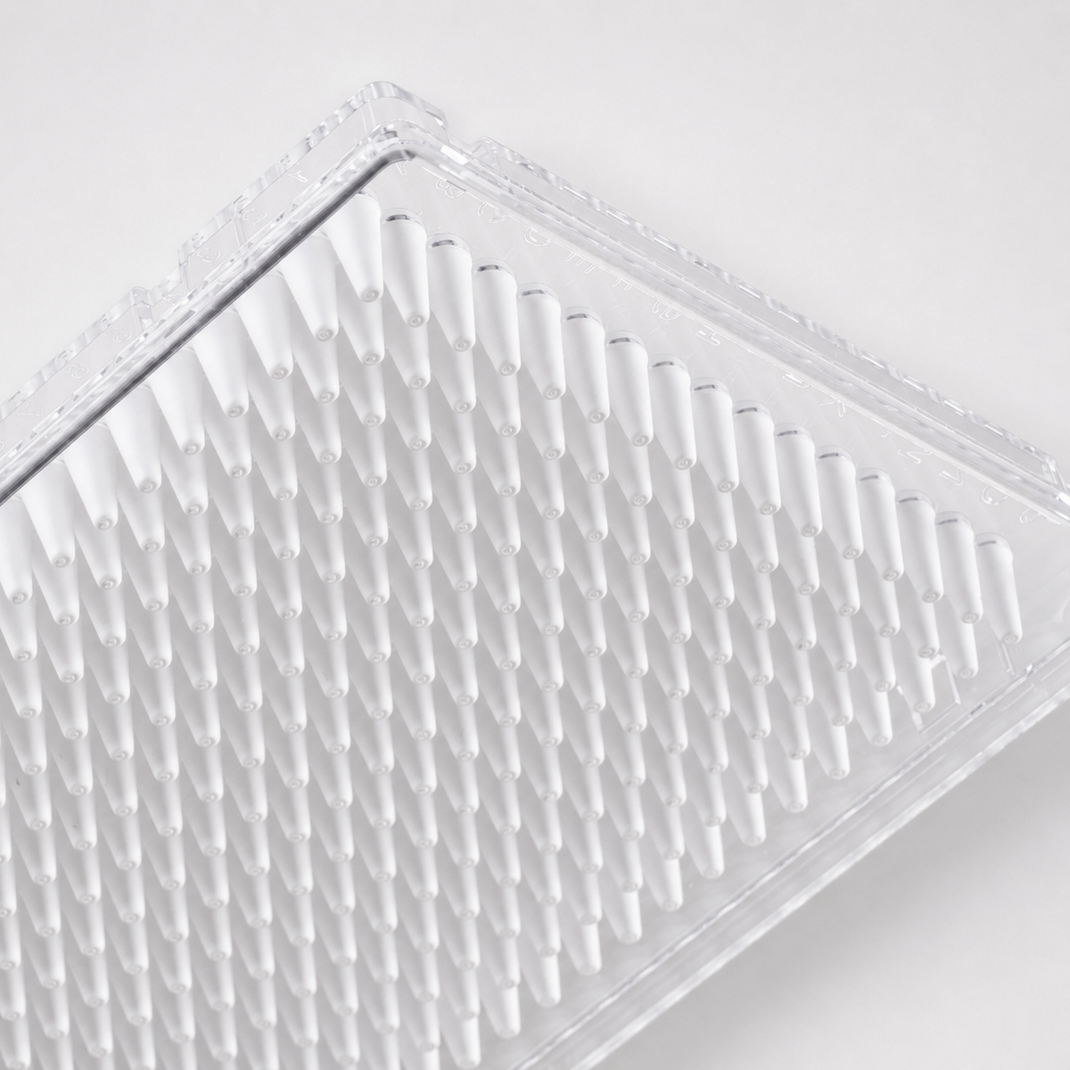 BasePrime purePRIME™ BP-PCR-384-007 384-well real-time PCR plate, 40 µL, full-skirted with a Clear frame, white wells, and single-corner design, shown on a clean white background.