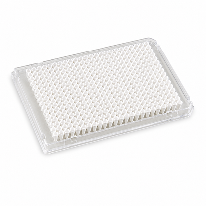 BasePrime purePRIME™ BP-PCR-384-007 384-well real-time PCR plate, 40 µL, full-skirted with a Clear frame, white wells, and single-corner design, shown on a clean white background.