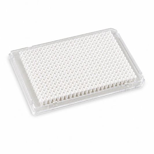 BasePrime purePRIME™ BP-PCR-384-007 384-well real-time PCR plate, 40 µL, full-skirted with a Clear frame, white wells, and single-corner design, shown on a clean white background.