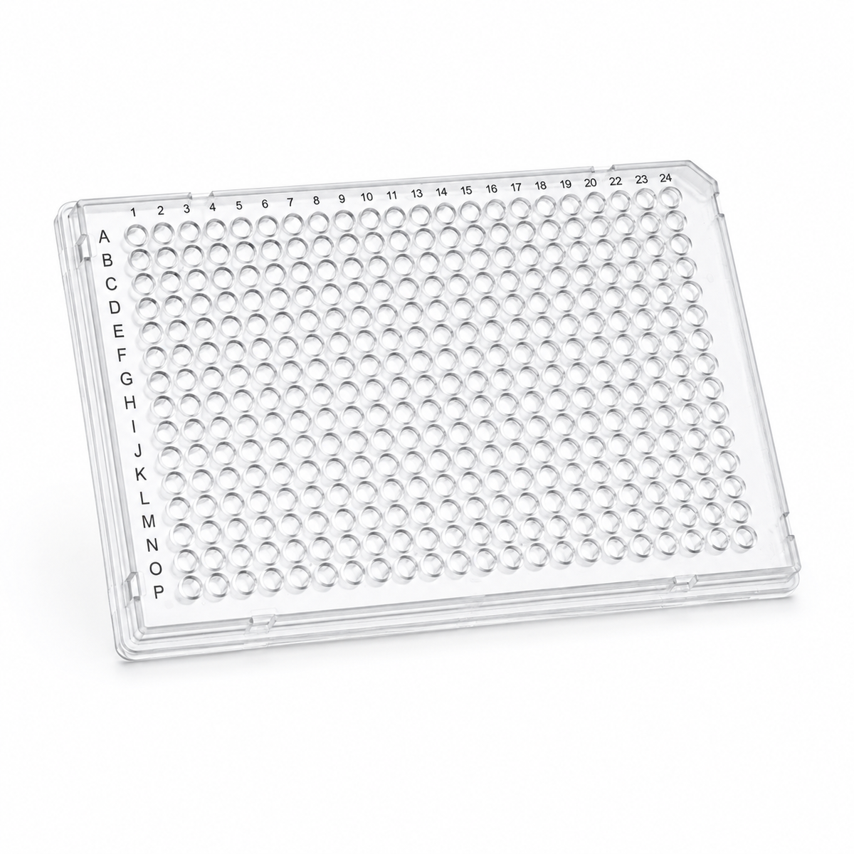 BasePrime purePRIME™ BP-PCR-384-007 384-well real-time PCR plate, 40 µL, full-skirted with a clear frame, clear wells, and single-corner design, shown on a clean white background.
