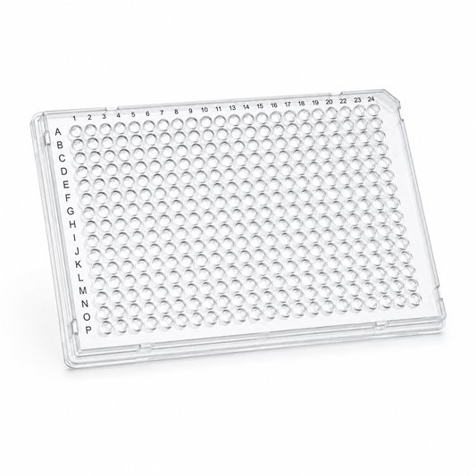 BasePrime purePRIME™ BP-PCR-384-007 384-well real-time PCR plate, 40 µL, full-skirted with a clear frame, clear wells, and single-corner design, shown on a clean white background.