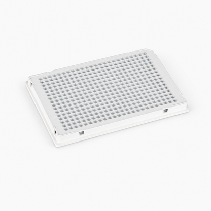 BasePrime purePRIME™ BP-PCR-384-007 384-well real-time PCR plate, 40 µL, full-skirted with a white frame, clear wells, and single-corner design, shown on a clean white background.