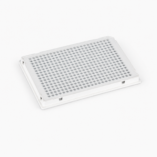 BasePrime purePRIME™ BP-PCR-384-007 384-well real-time PCR plate, 40 µL, full-skirted with a white frame, clear wells, and single-corner design, shown on a clean white background.
