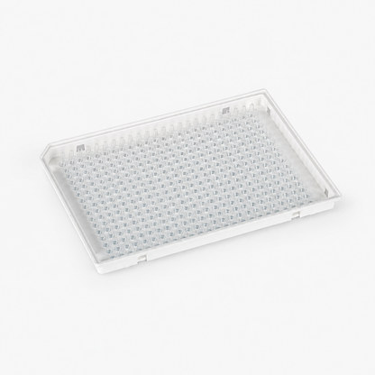 BasePrime purePRIME™ BP-PCR-384-007 384-well real-time PCR plate, 40 µL, full-skirted with a white frame, clear wells, and single-corner design, shown on a clean white background.