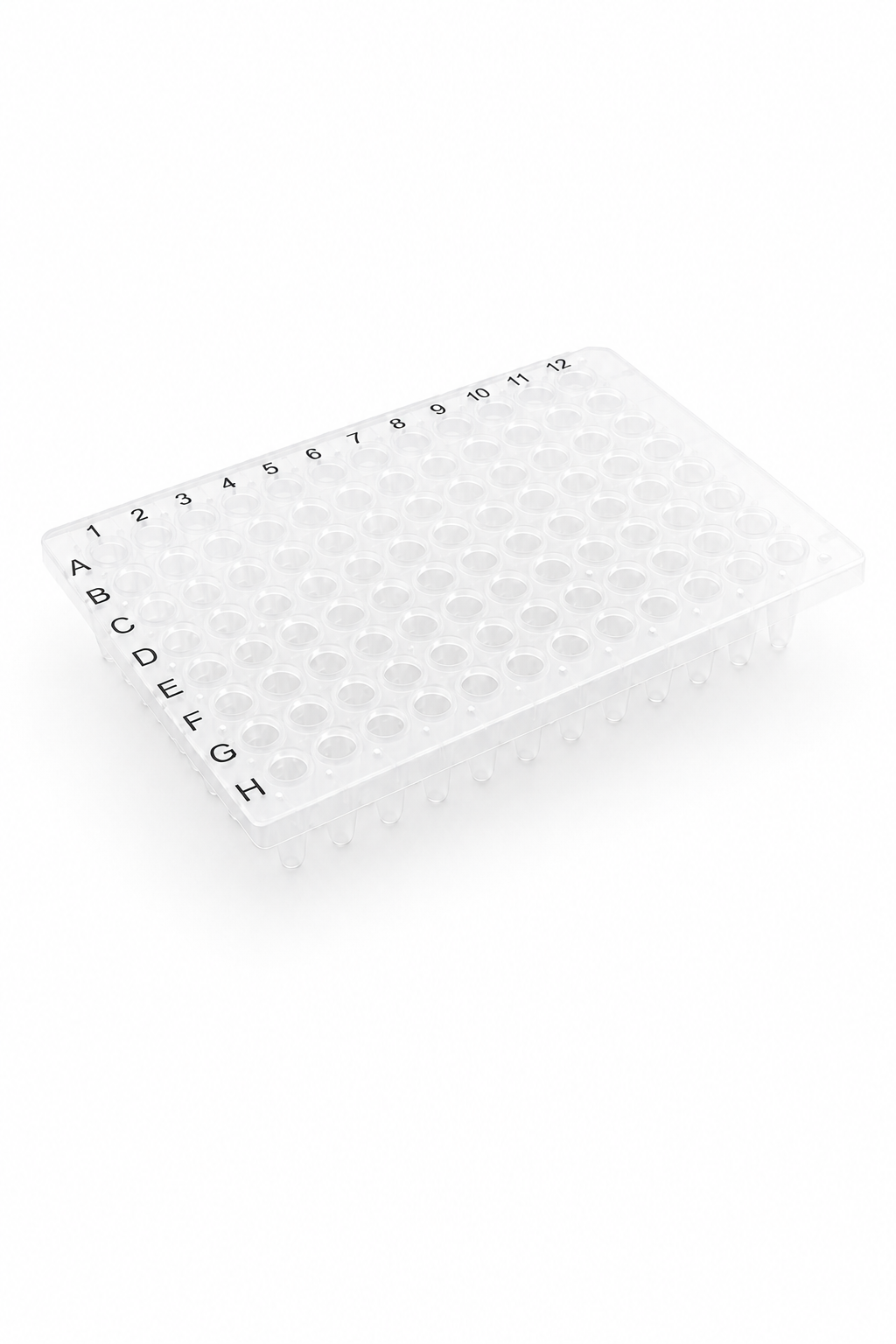 purePRIME™ 96-well, 0.2 mL non-skirted clear PCR plate with alphanumeric well identification for standard PCR and qPCR thermal cycling workflows.