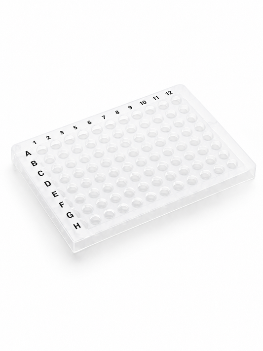 purePRIME™ 96-well, 0.2 mL half-skirted clear PCR plate with alphanumeric well identification for PCR and qPCR thermal cycling workflows.