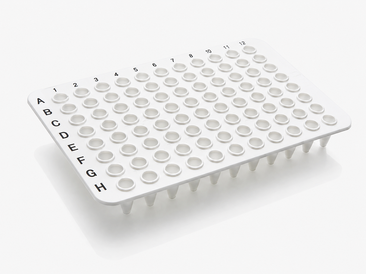 purePRIME™ 96-well, 100 µL non-skirted white PCR plate designed for compatible Roche PCR and qPCR thermal cycling systems.