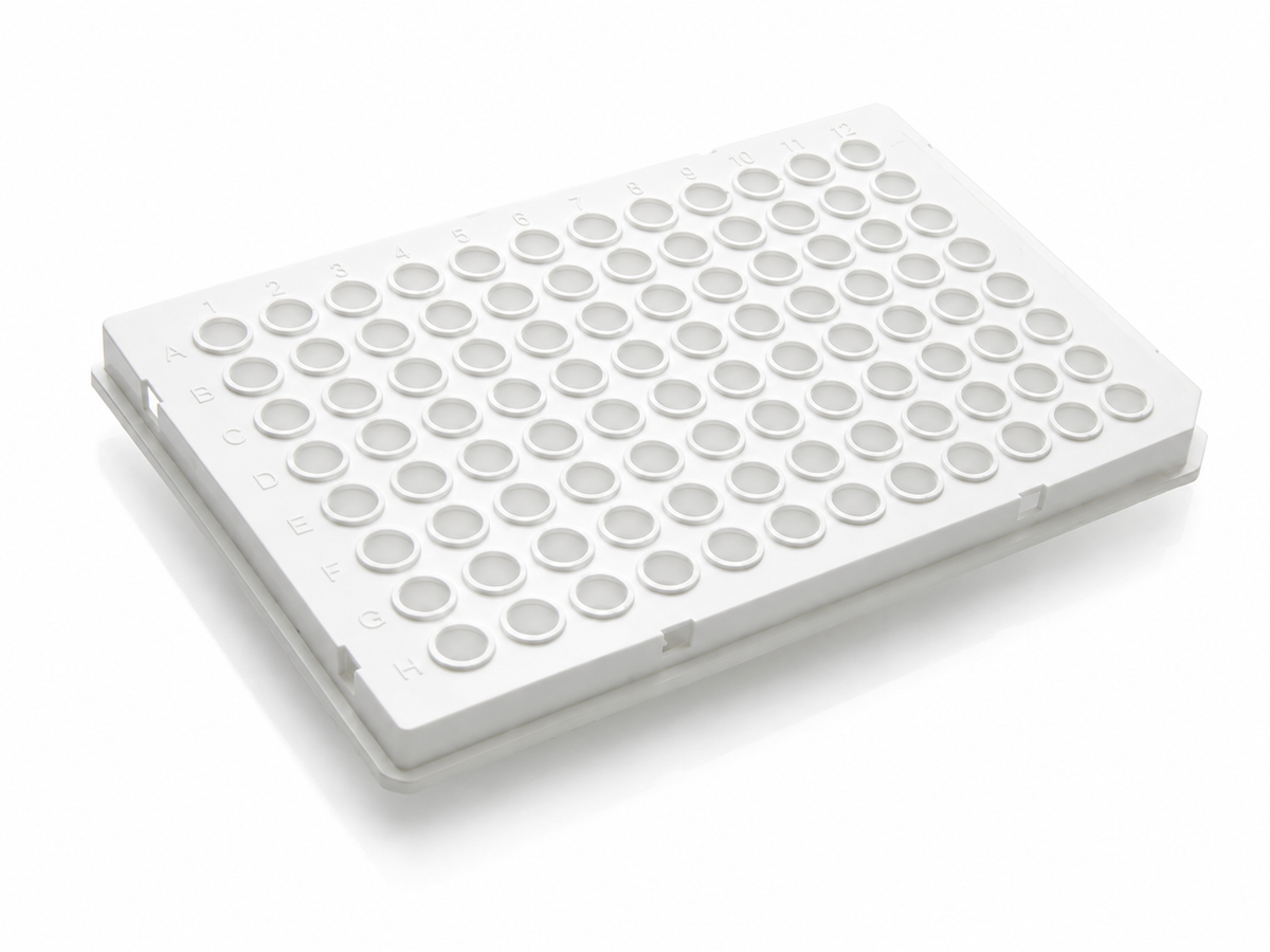 purePRIME™ 96-well, 100 µL half-skirted white PCR plate designed for compatible Roche PCR and qPCR thermal cycling systems.