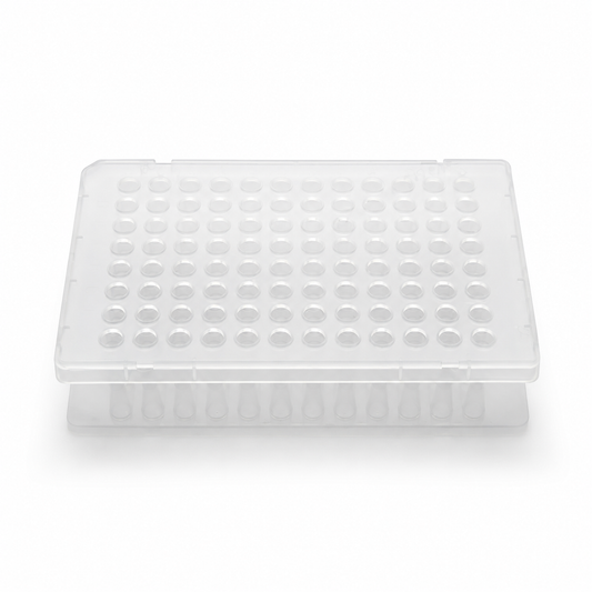 purePRIME™ 96-well, 100 µL half-skirted clear PCR plate designed for compatible Applied Biosystems PCR and qPCR thermal cycling systems.