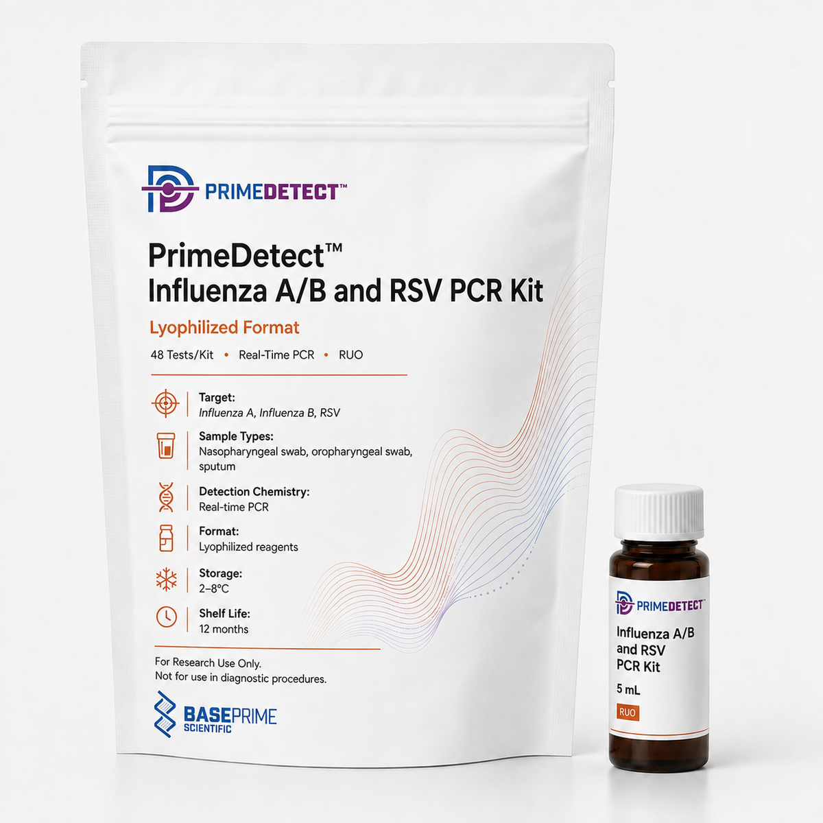 PrimeDetect™ Influenza A/B and RSV PCR Kit — PrimeDetect™ lyophilized PCR kit packaging