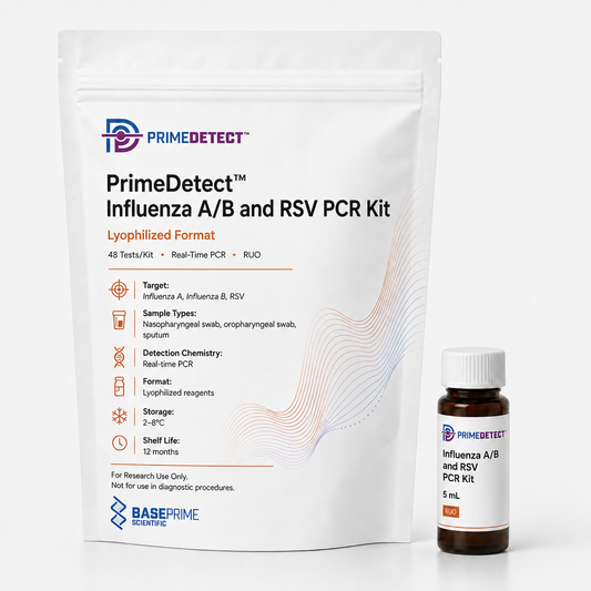 PrimeDetect™ Influenza A/B and RSV PCR Kit — PrimeDetect™ lyophilized PCR kit packaging