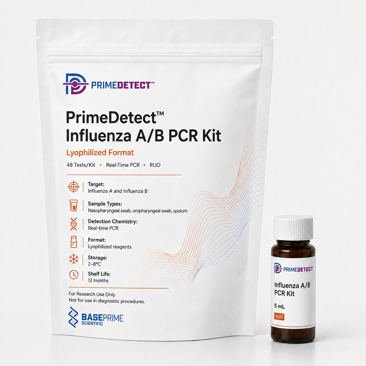 PrimeDetect™ Influenza A/B PCR Kit — PrimeDetect™ lyophilized PCR kit packaging
