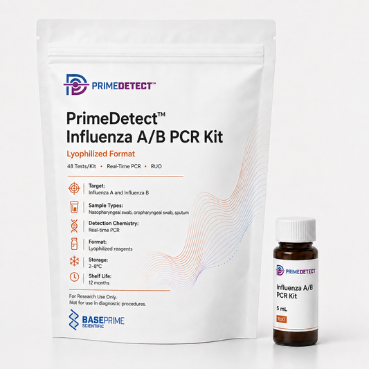 PrimeDetect™ Influenza A/B PCR Kit — PrimeDetect™ lyophilized PCR kit packaging