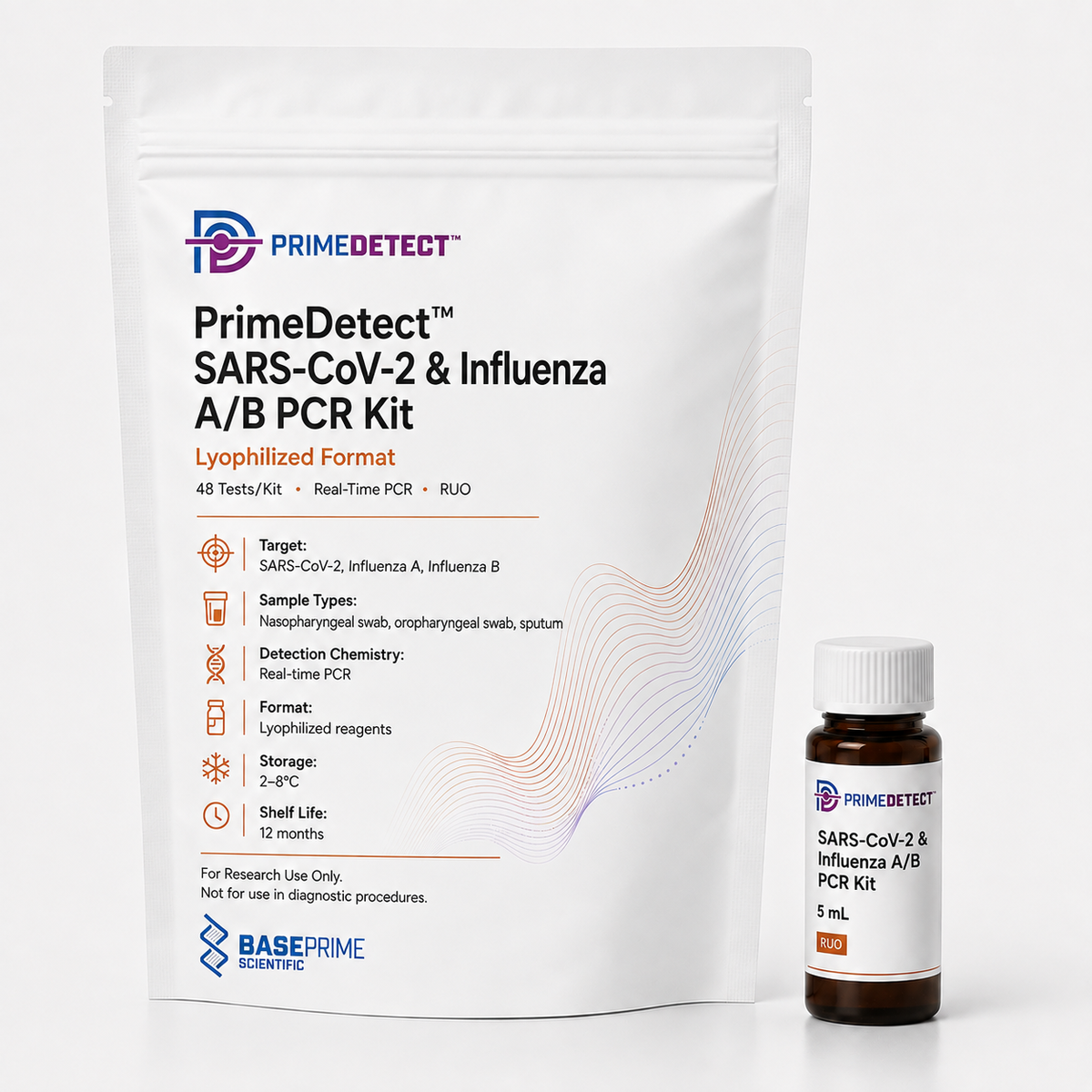 PrimeDetect™ SARS-CoV-2 & Influenza A/B PCR Kit — PrimeDetect™ lyophilized PCR kit packaging