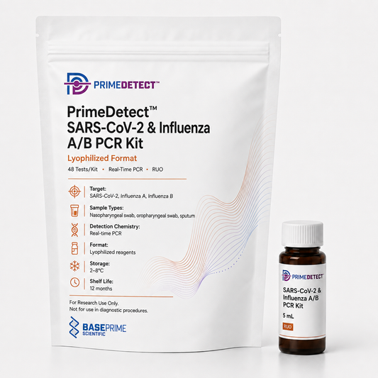 PrimeDetect™ SARS-CoV-2 & Influenza A/B PCR Kit — PrimeDetect™ lyophilized PCR kit packaging