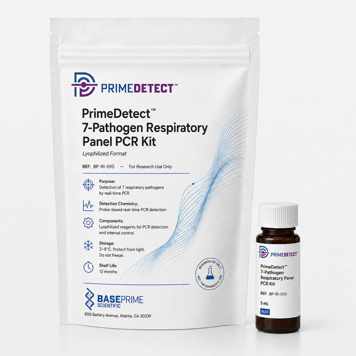PrimeDetect™ 7-Pathogen Respiratory Panel PCR Kit — PrimeDetect™ lyophilized PCR kit packaging