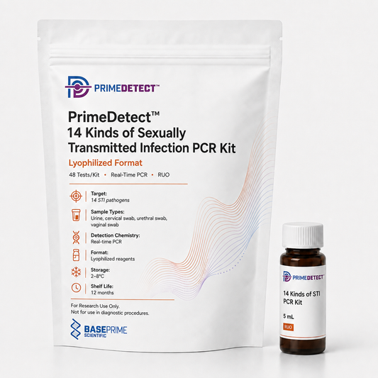 PrimeDetect™ 14 Kinds of Sexually Transmitted Infection PCR Kit — PrimeDetect™ lyophilized PCR kit packaging