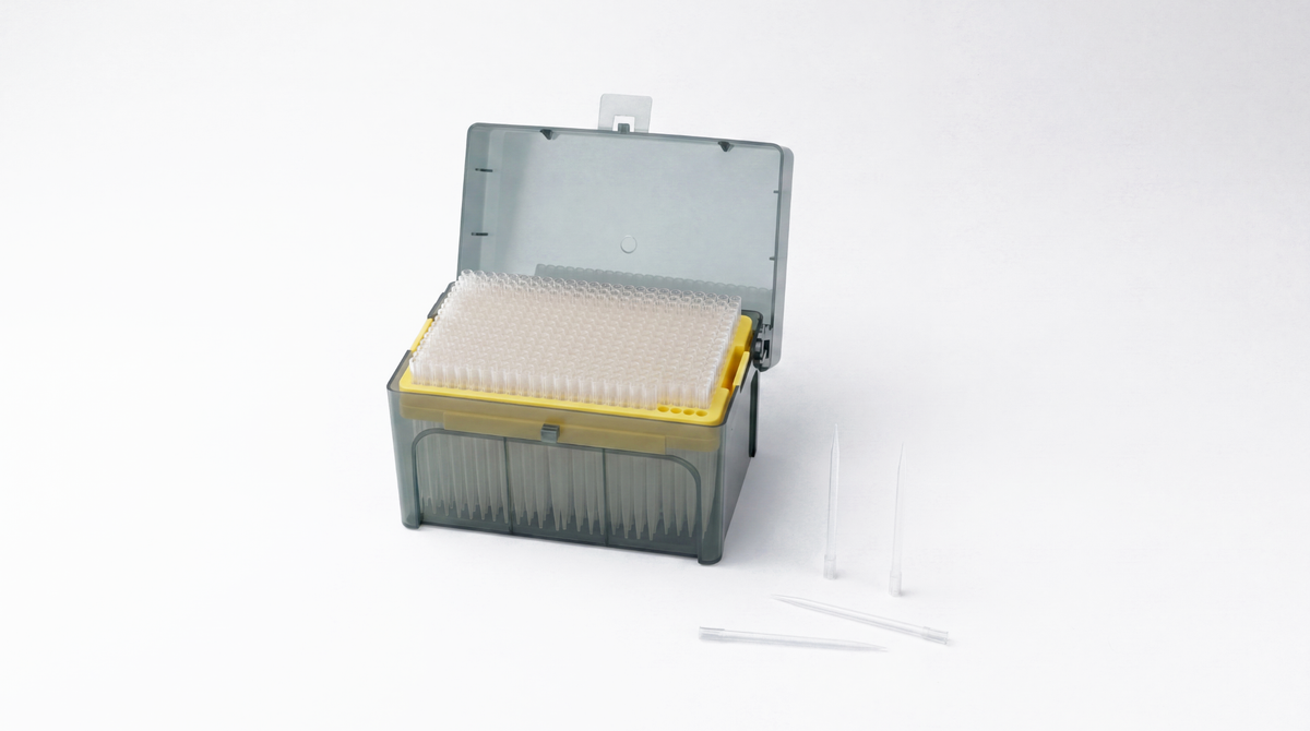 BasePrime 12 µL 384-well Thermo-compatible pipette tips in a 384-position rack with protective storage case, designed for high-throughput automated liquid handling workflows.