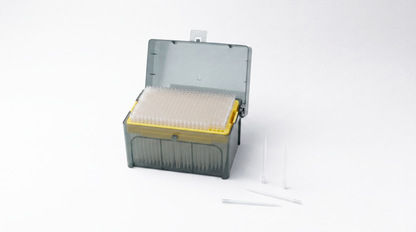 BasePrime 12 µL 384-well Thermo-compatible pipette tips in a 384-position rack with protective storage case, designed for high-throughput automated liquid handling workflows.