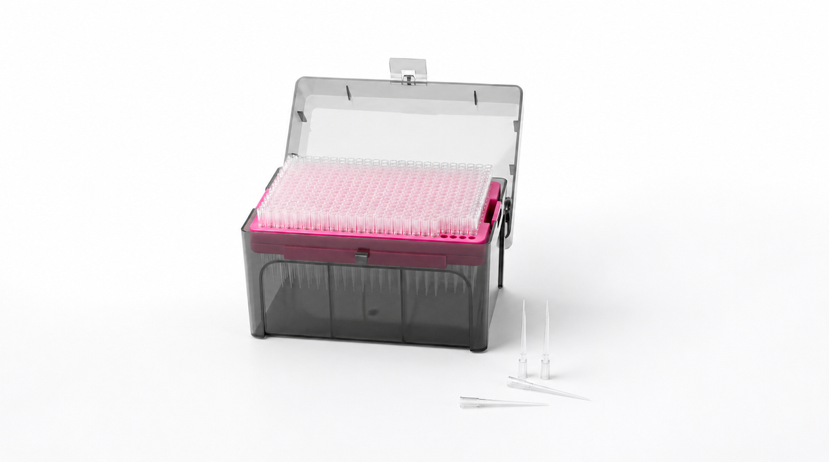 BasePrime 12 µL 384-well Thermo-compatible pipette tips in a 384-position rack with protective storage case, designed for high-throughput automated liquid handling workflows.
