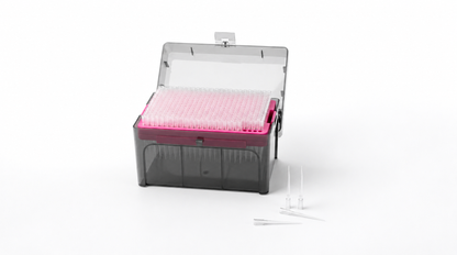 BasePrime 12 µL 384-well Thermo-compatible pipette tips in a 384-position rack with protective storage case, designed for high-throughput automated liquid handling workflows.

