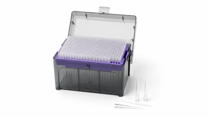 BasePrime 30µL 384-well Thermo-compatible pipette tips in a 384-position rack with protective storage case, designed for high-throughput automated liquid handling workflows.