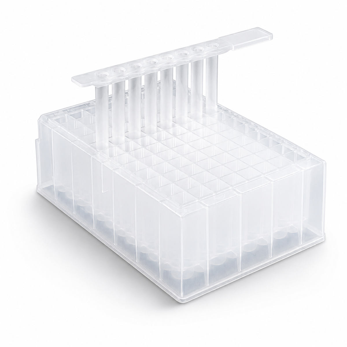 BasePrime 8-strip tip comb positioned over a 96-well deep well plate for magnetic bead extraction workflows.