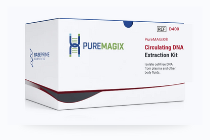 A white box of PureMagix Circulating DNA Extraction Kit (D400) by BasePrime DNA, featuring blue, green, and red branding on a clean white background.
