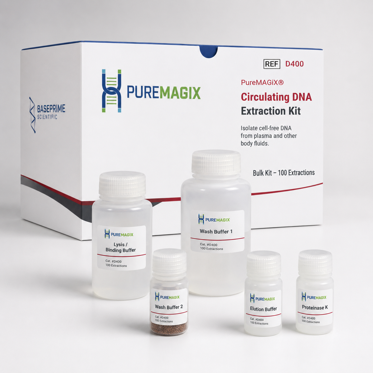 PureMagix Circulating DNA Extraction Kit with its white and blue packaging box and five plastic extraction bottles arranged in front on a light gray studio background.
