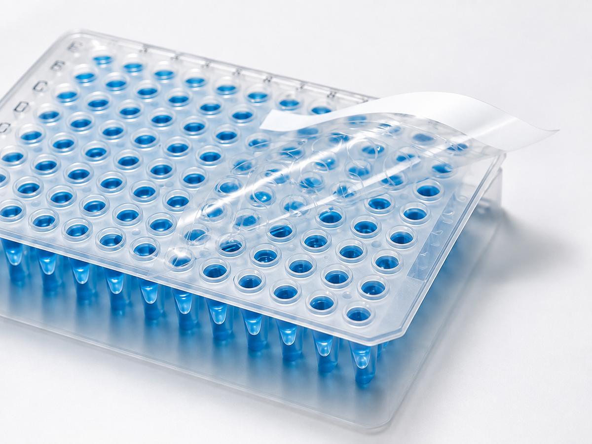 BP-PCR-SEAL-001 purePRIME™ Optical Adhesive qPCR Sealing Film shown applied to a 96-well PCR plate. Designed for optical sealing of compatible 96- and 384-well PCR/qPCR plates.
