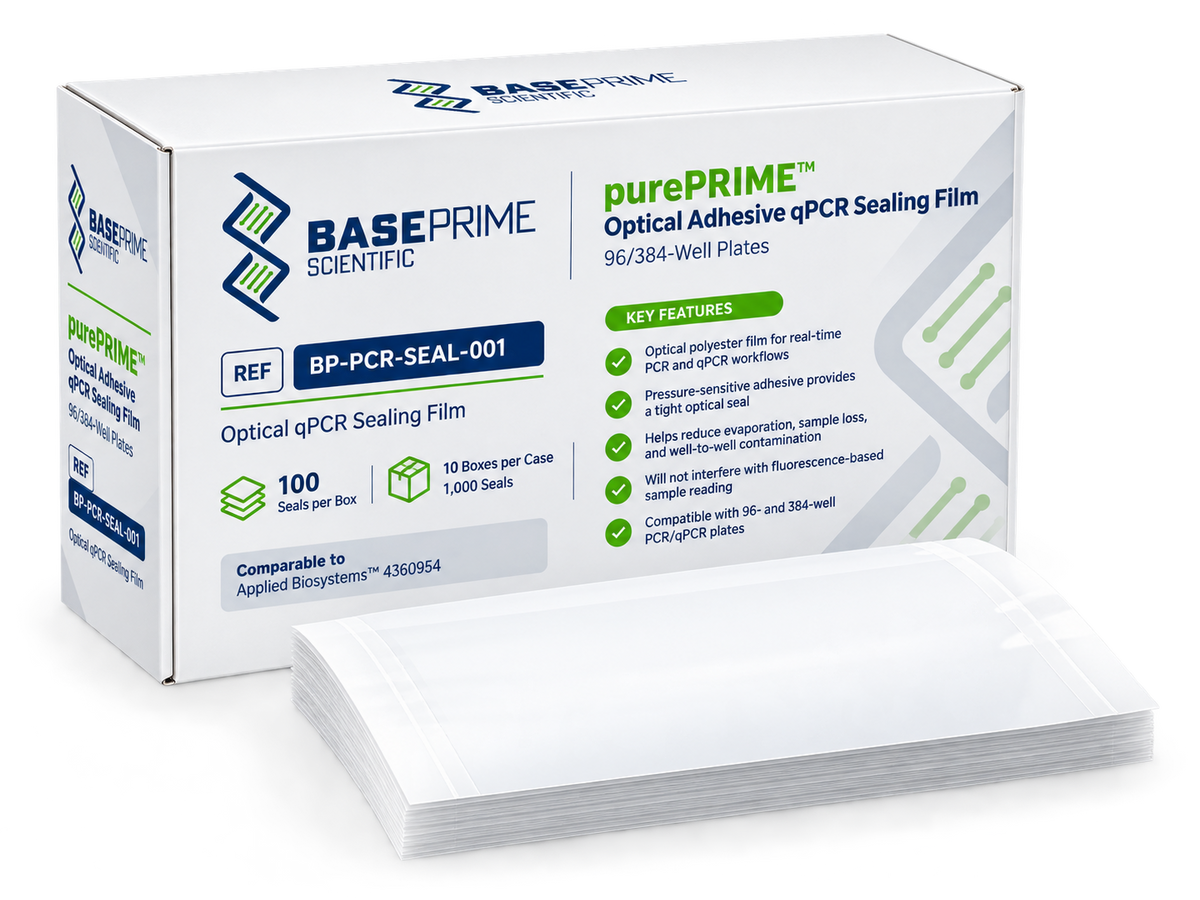 BasePrime purePRIME™ Optical Adhesive qPCR Sealing Film (BP-PCR-SEAL-001) for 96- and 384-well PCR/qPCR plates. Optical, pressure-sensitive polyester film provides a tight seal to help reduce evaporation, sample loss, and well-to-well contamination while supporting fluorescence-based detection. Packaged 100 seals per box; 1,000 seals per case. Comparable to Applied Biosystems™ MicroAmp™ Optical Adhesive Film, Cat. No. 4360954.