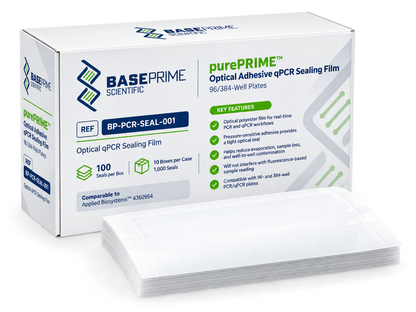 BasePrime purePRIME™ Optical Adhesive qPCR Sealing Film (BP-PCR-SEAL-001) for 96- and 384-well PCR/qPCR plates. Optical, pressure-sensitive polyester film provides a tight seal to help reduce evaporation, sample loss, and well-to-well contamination while supporting fluorescence-based detection. Packaged 100 seals per box; 1,000 seals per case. Comparable to Applied Biosystems™ MicroAmp™ Optical Adhesive Film, Cat. No. 4360954.